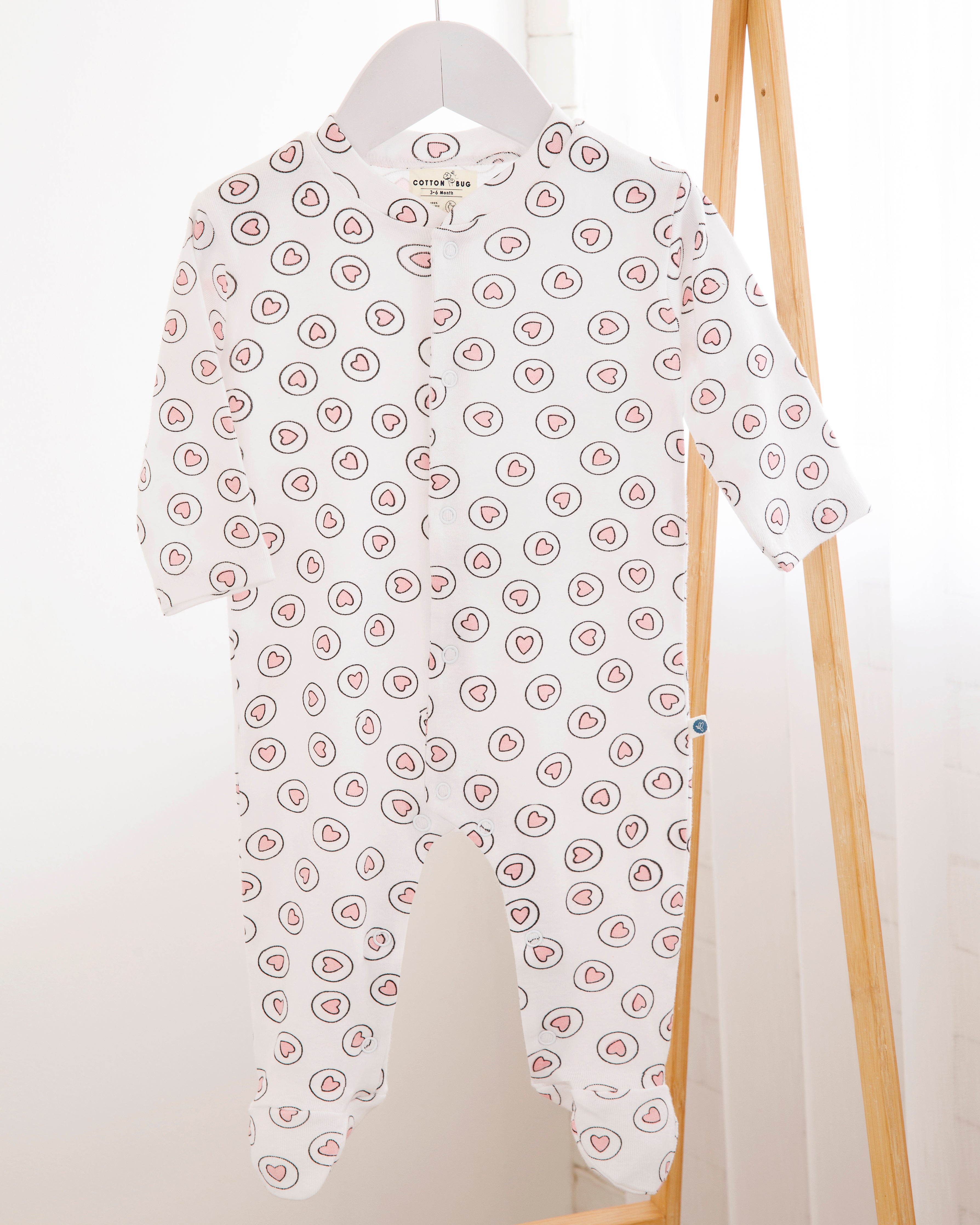 HEARTS Full Pyjama Organic Baby Romper Cotton Bug